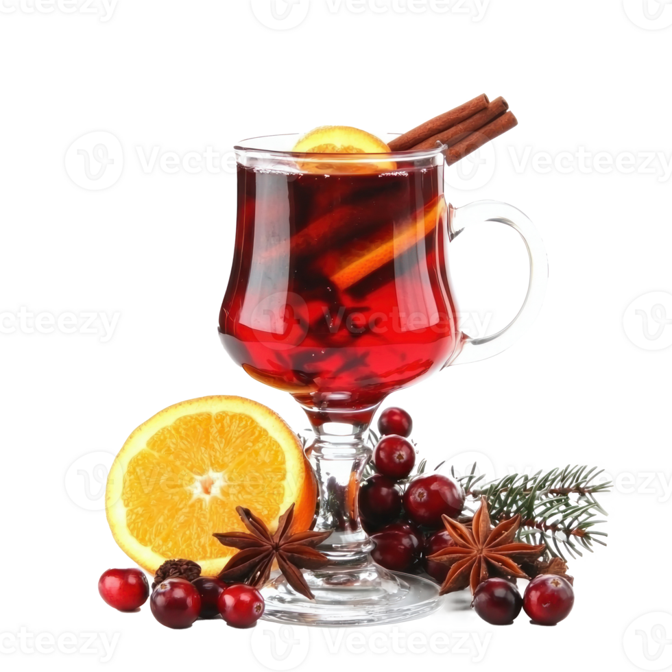 glass of mulled wine with cut orange, cranberries and different spices isolate on transparent background png