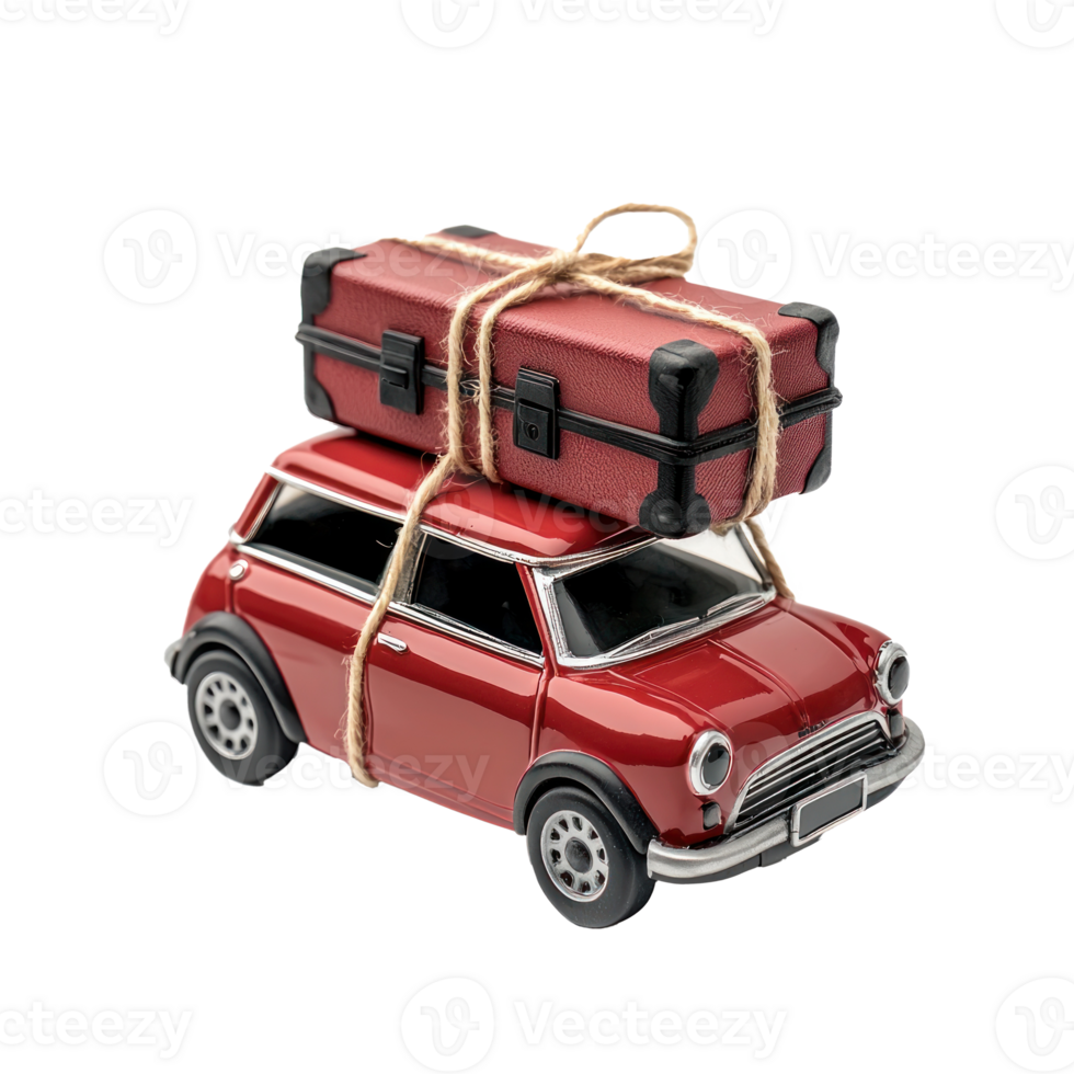 travel suitcase tied up on mini red car, miniature style isolate on transparent background png