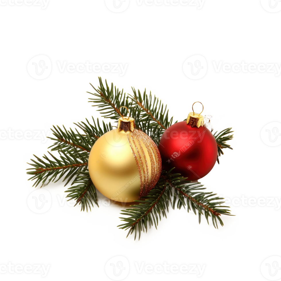 Gold christmas canle with green fir branch and red shiny bauble isolate on transparent background png