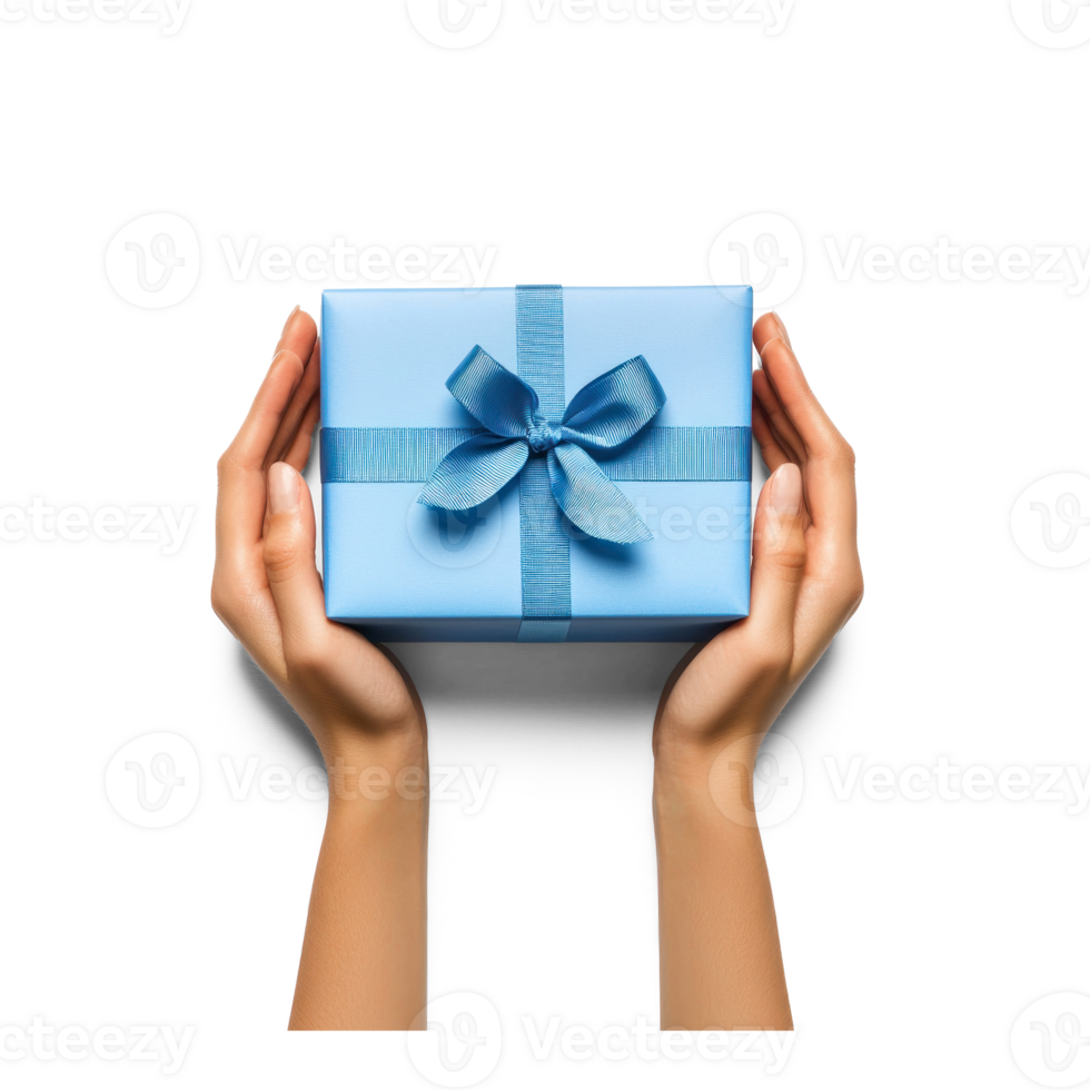 Hands hoding blue gift box top view isolate on transparent background png