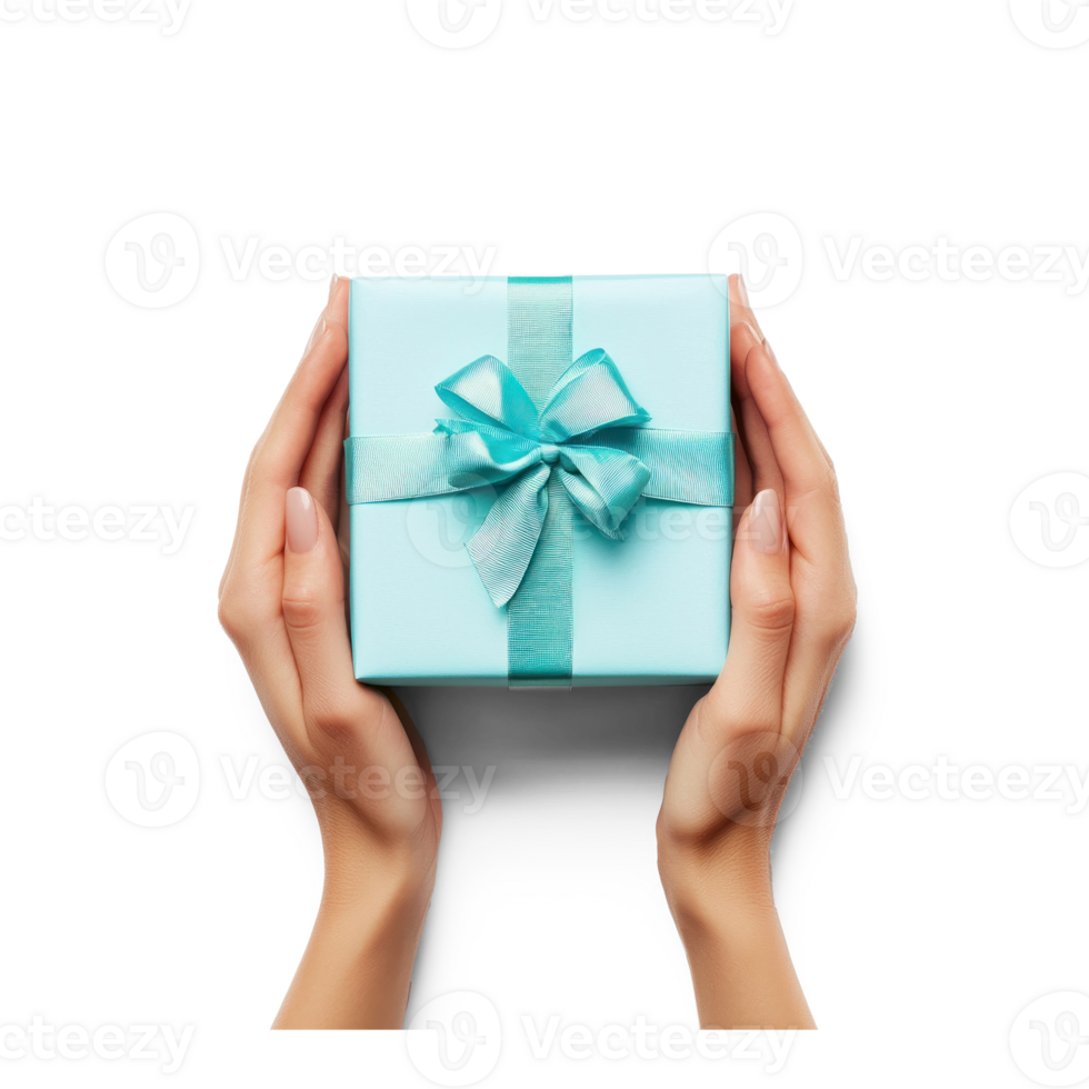 Hands hoding blue gift box top view isolate on transparent background png