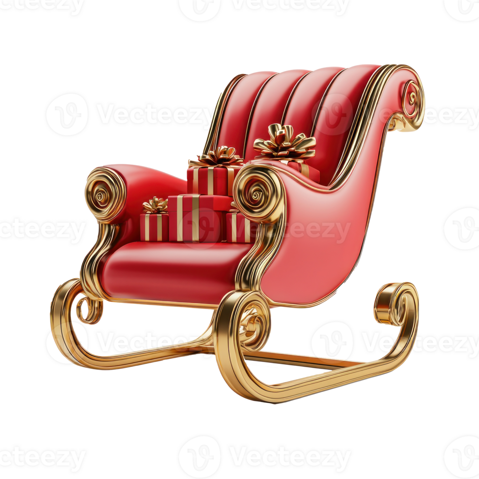 Red and gold Sleigh with presents 3D redner front view isolate on transparent background png