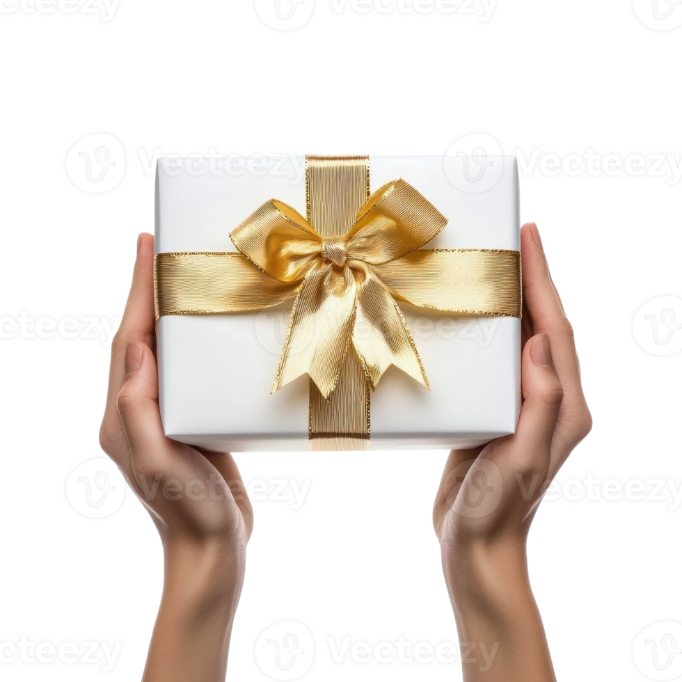 hands holding gift box with white and gold ribbon and bow side view isolate on transparent background png