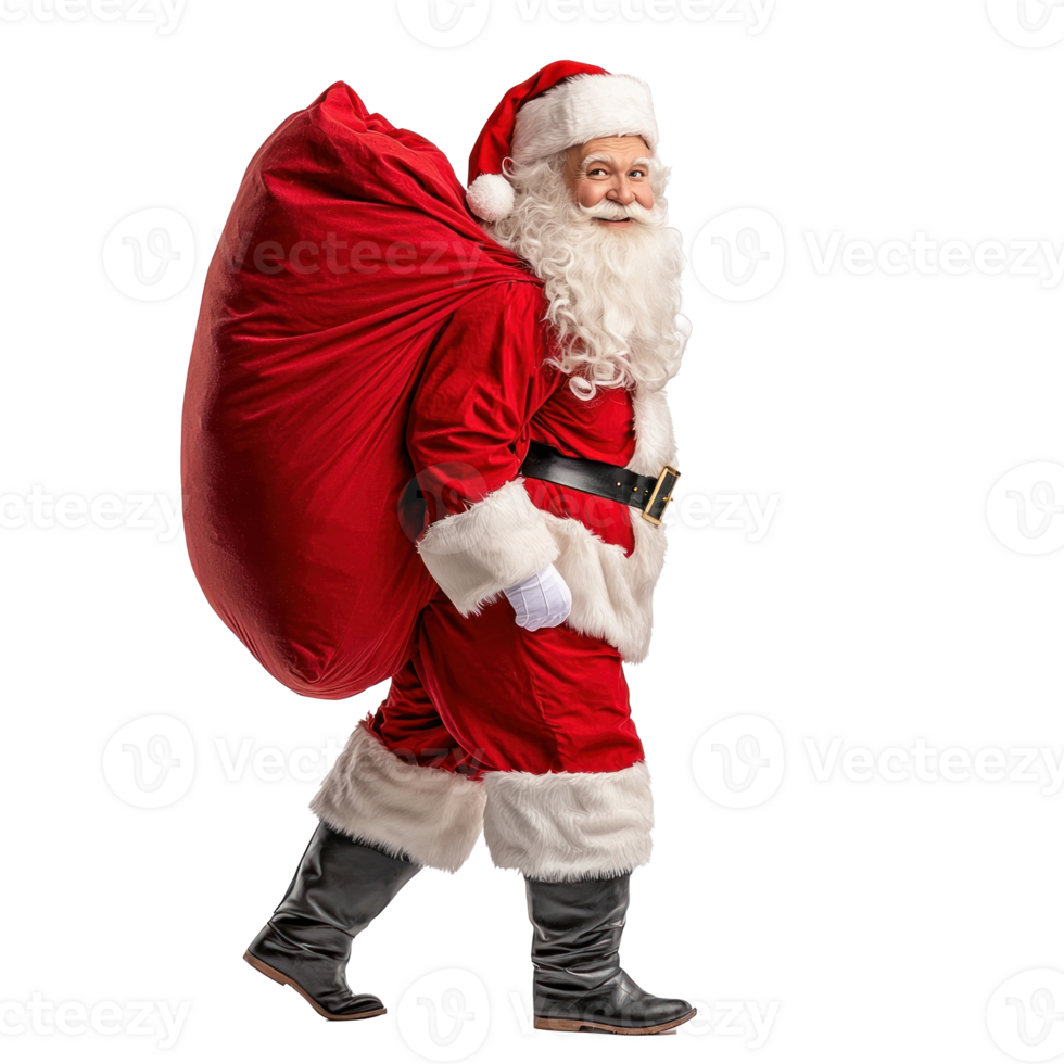 Santa carrying red sack with gifts on the shoulder, standing side view isolate on transparent background png