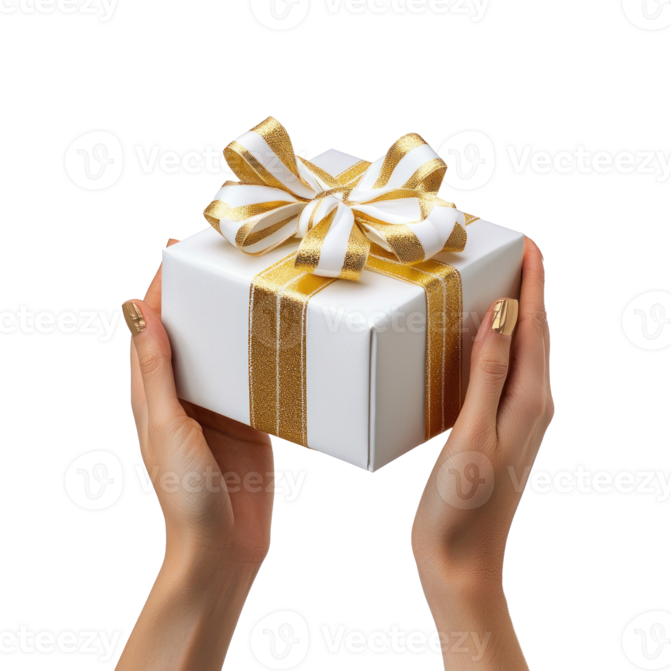 hands holding gift box with white and gold ribbon and bow side view isolate on transparent background png