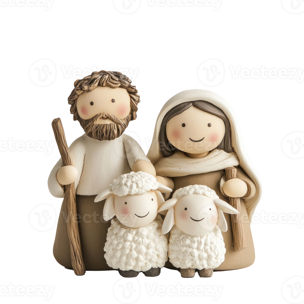 Christmas figurines of Jesus, Mary, Joseph and sheep isolate on transparent background png