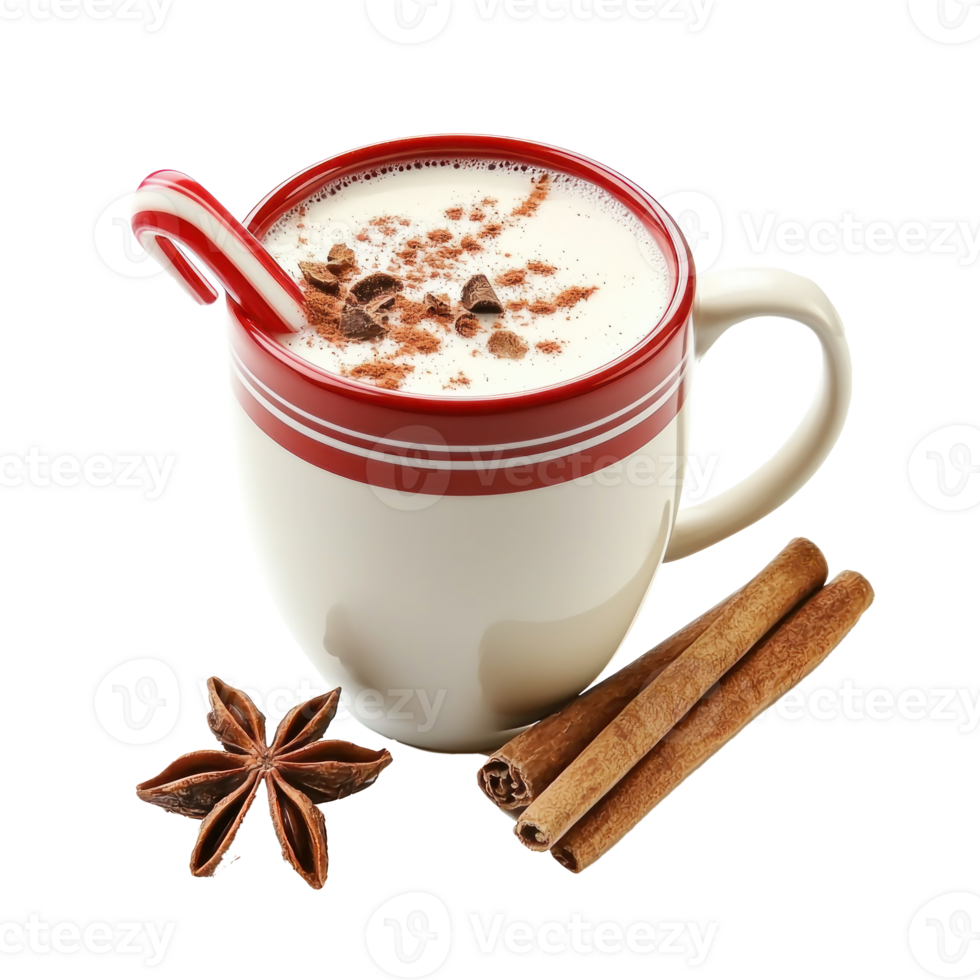 Mug of hot milk with cocoa and cinnamon for Christmas isolate on transparent background png