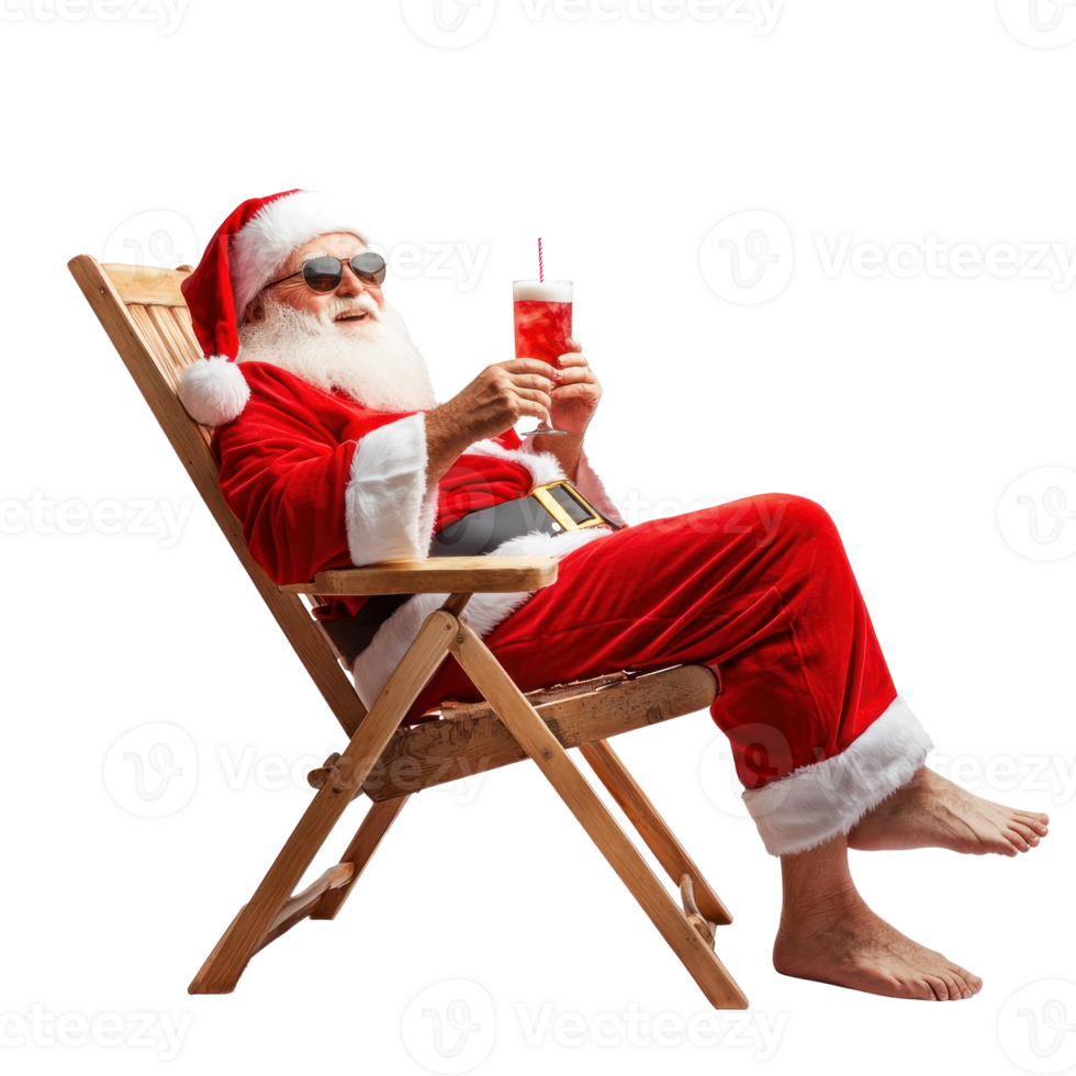 Santa Claus relaxing on beach chair holding coktail side view isolate on transparent background png