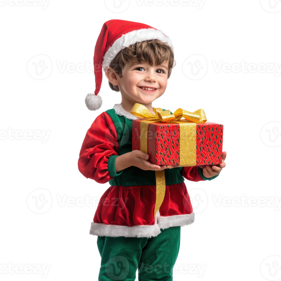 Smiling little boy wear christmas elf costume holding gift box side view isolate on transparent background png