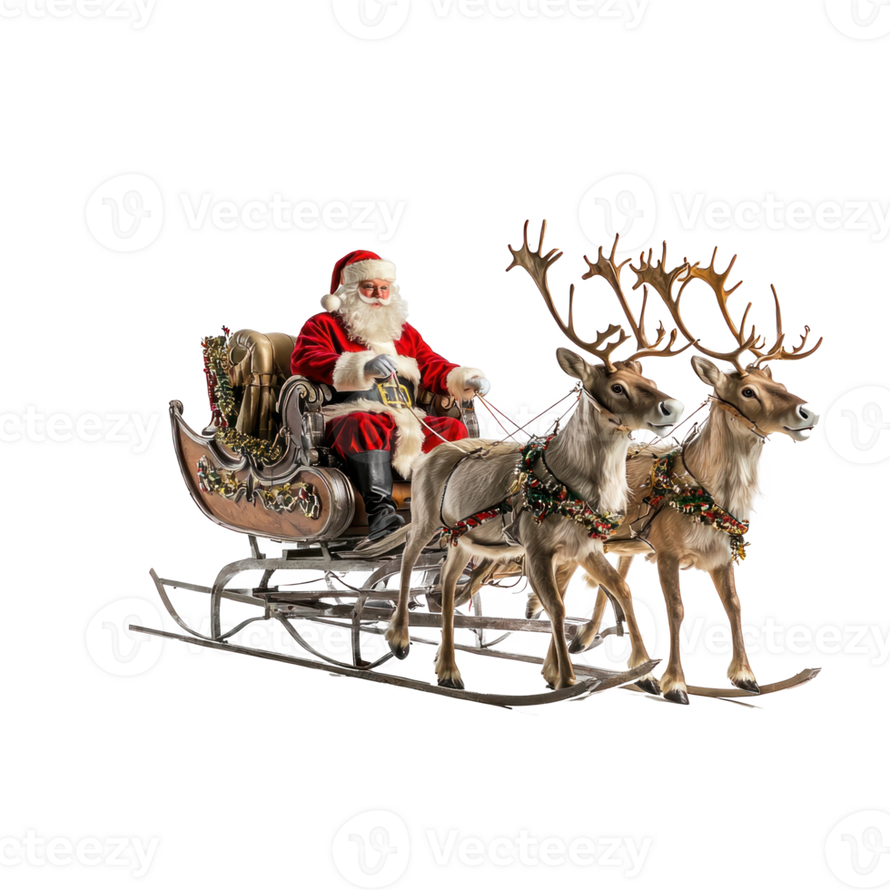 Santa Claus riding a sleigh led by reindeers side view isolate on transparent background png