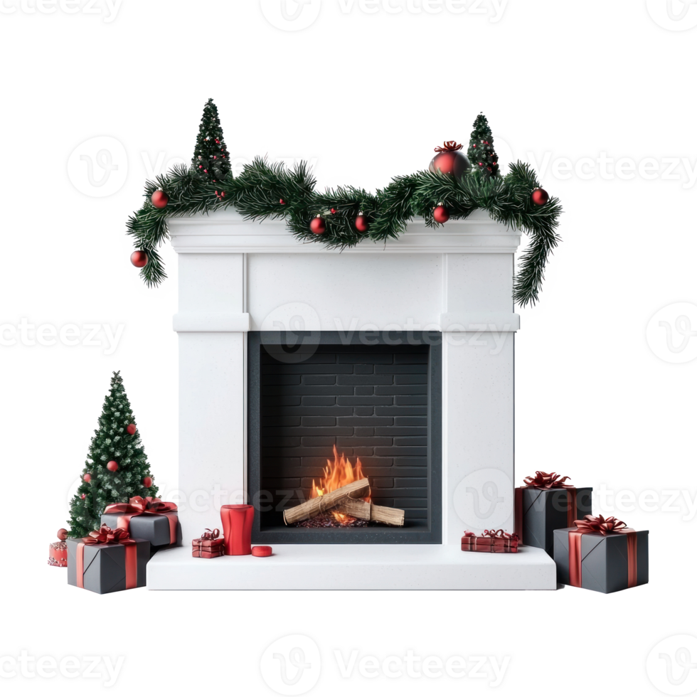 Modern Christmas Fireplace with decorations isolate on transparent background png