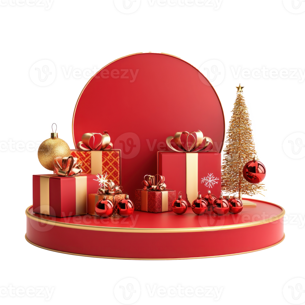 Empty Christmas podium with gold and red decorations and presents isolate on transparent background png