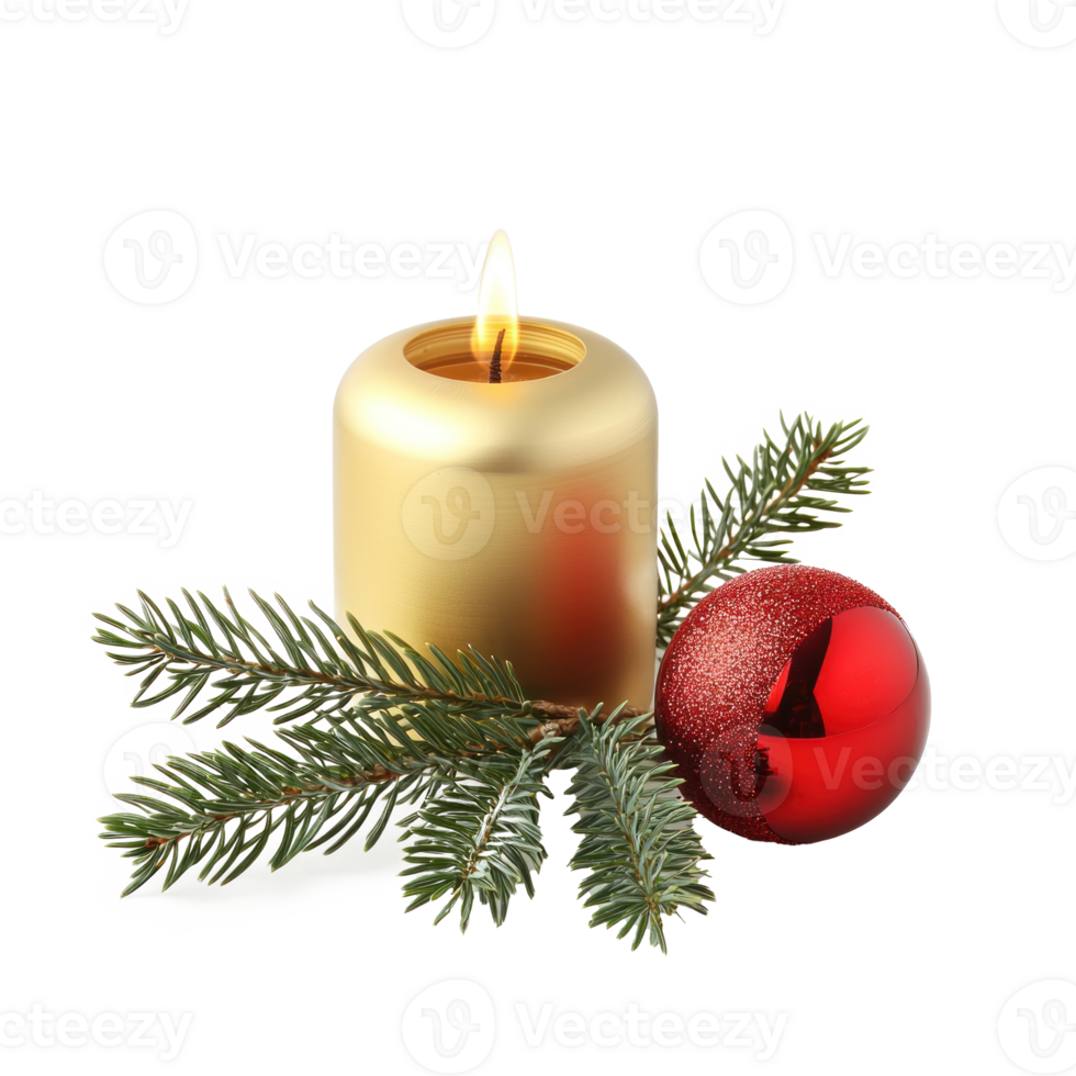 Gold christmas canle with green fir branch and red shiny bauble front view isolate on transparent background png
