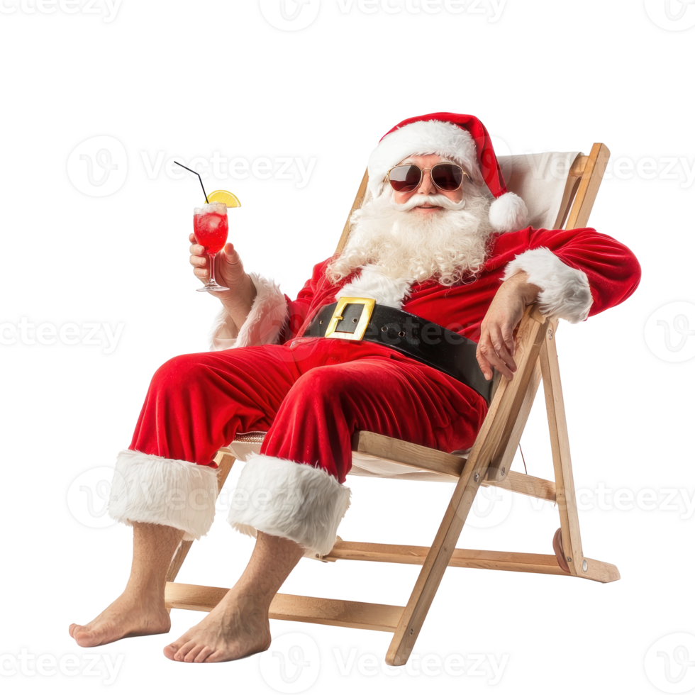 Santa Claus relaxing on deckchair holding cocktail isolate on transparent background png
