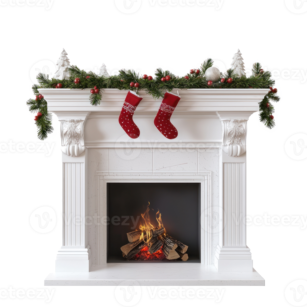 Fireplace with christmas decoration isolate on transparent background png