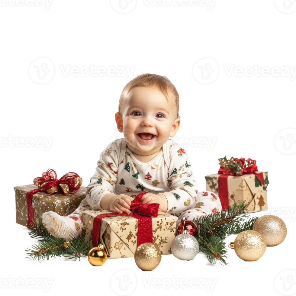 Smiling baby sitting with christmas decorations items front view isolate on transparent background png
