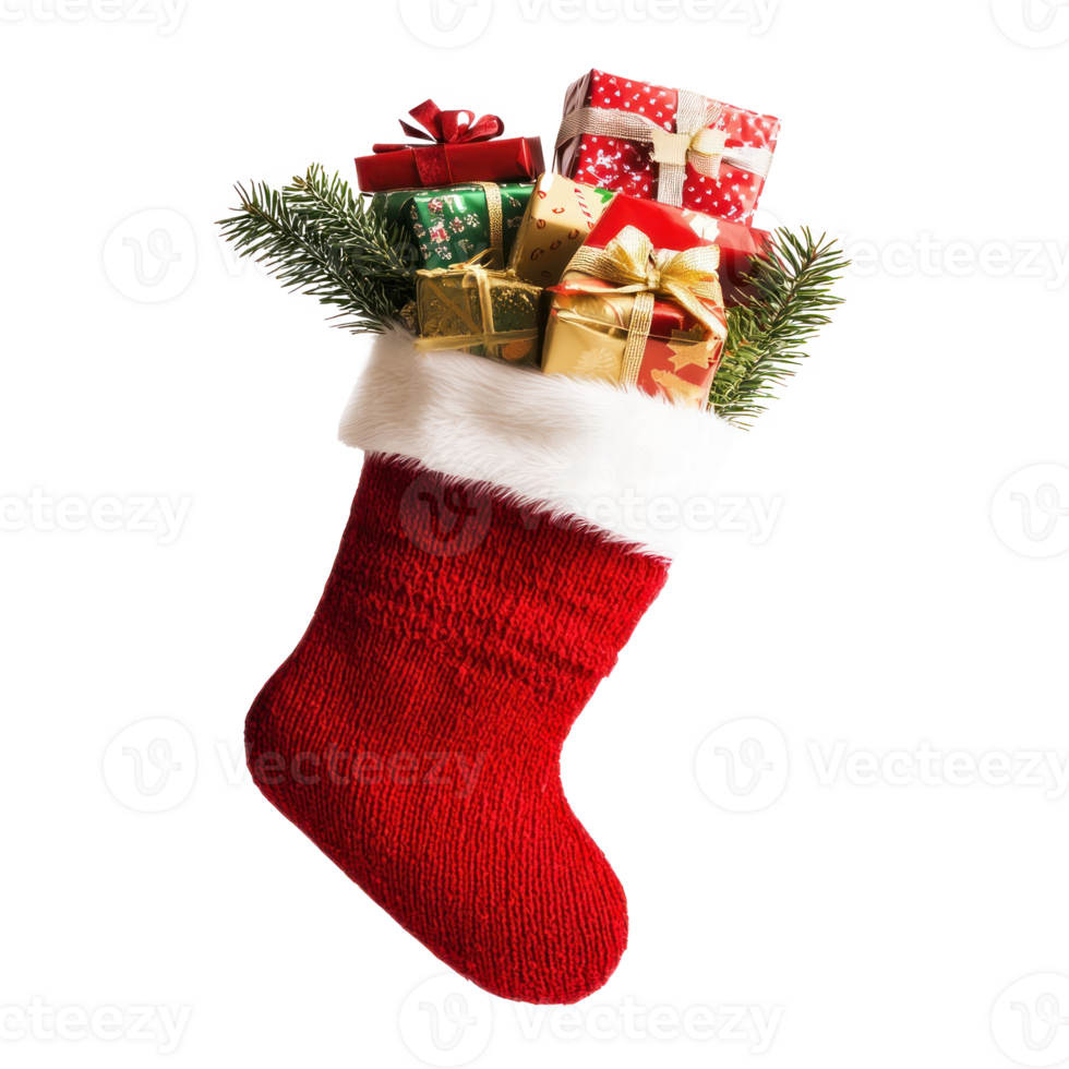 Little christmas stocking full of gifts front view isolate on transparent background png