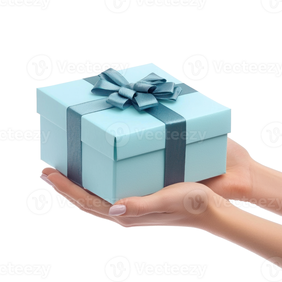 Hands hoding blue gift box side view isolate on transparent background png