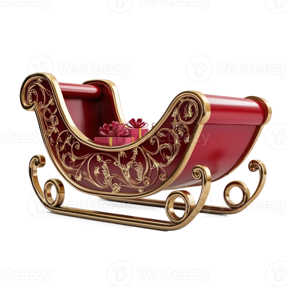 Red and gold Sleigh with presents 3D redner side view isolate on transparent background png