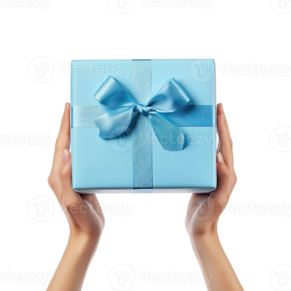 Hands hoding blue gift box side view isolate on transparent background png