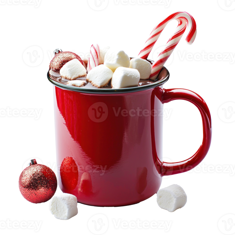 Red Hot chocolate mug with candy cane and marshmallows and christmas decoration isolate on transparent background png