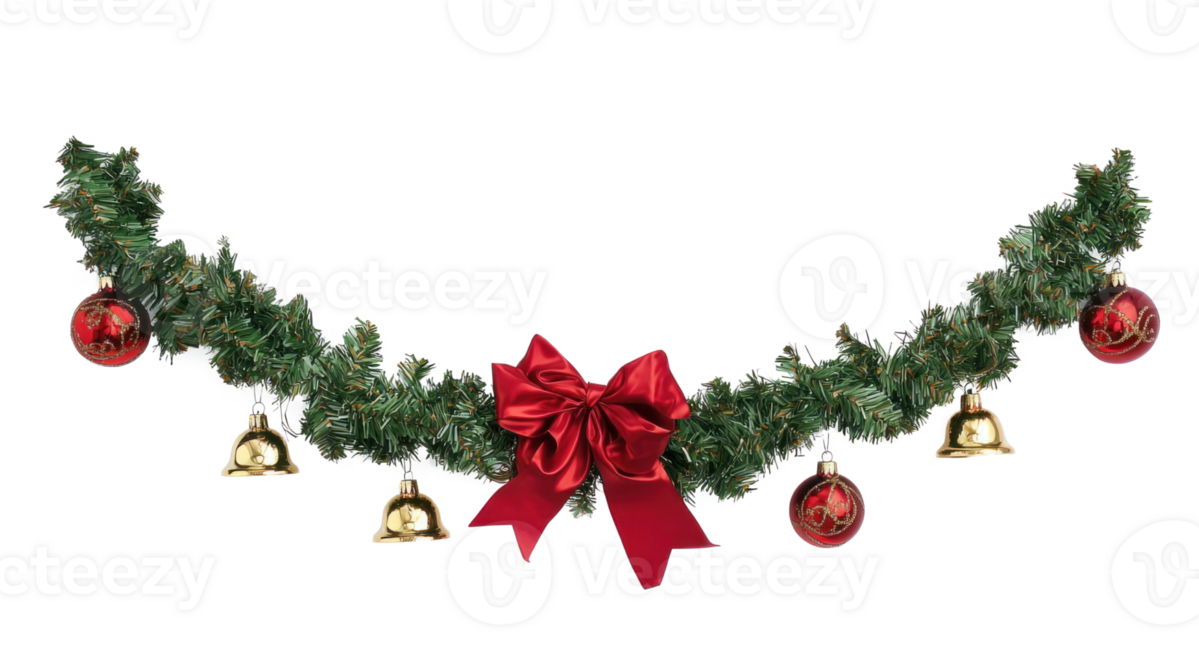 Green Christmas garland with gold bells in the middle with red ribbon and bow and other decoration isolate on transparent background png