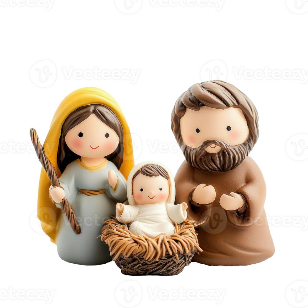 Christmas figurines of Joseph, Mary, and the baby Christ child in a manger front view isolate on transparent background png