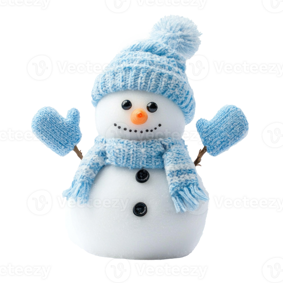 Cute smiling snowman made of snow wearing blue hat and mittens isolate on transparent background png