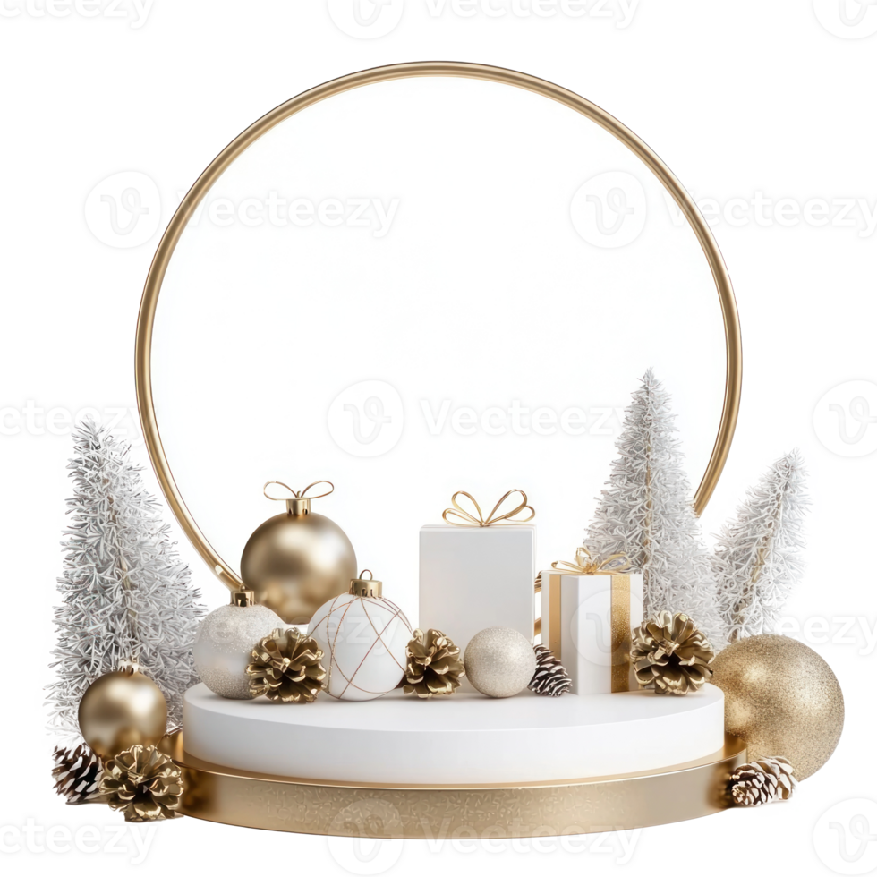 Empty Christmas white and gold podium with decoration items isolate on transparent background png