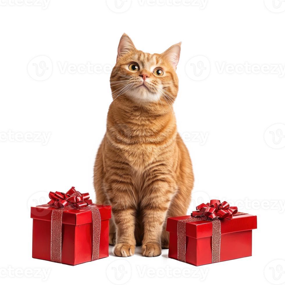 Smiling cat sitting with red gifts box full length isolate on transparent background png