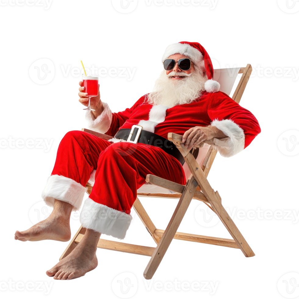 Santa Claus relaxing on beach chair holding coktail side view isolate on transparent background png