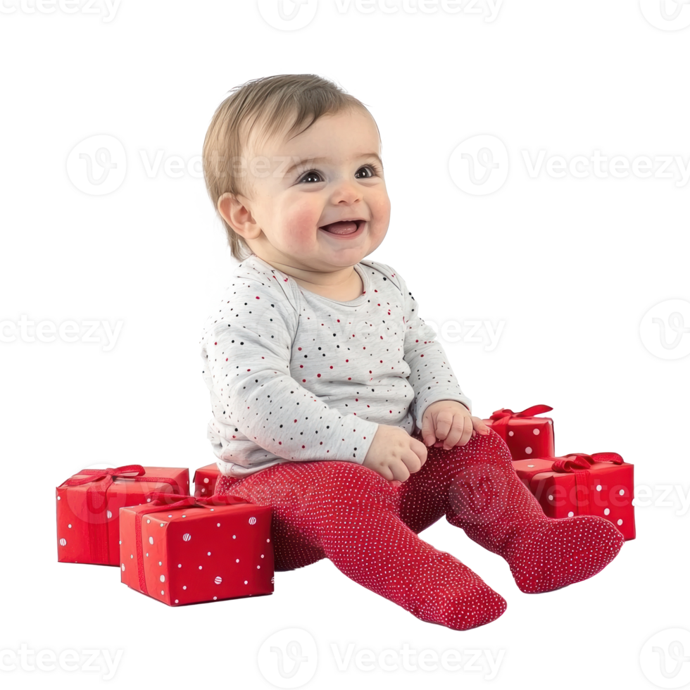 Smiling baby sitting with red presents side view isolate on transparent background png