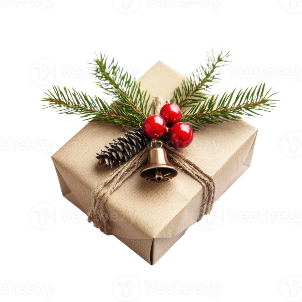 Christmas gift box with barble and jingle bell with fir branch front view isolate on transparent background png