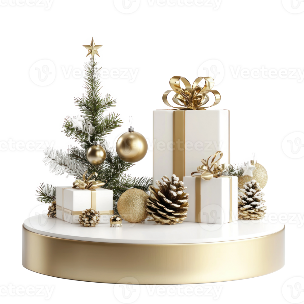 Empty Christmas white and gold podium with decoration items isolate on transparent background png