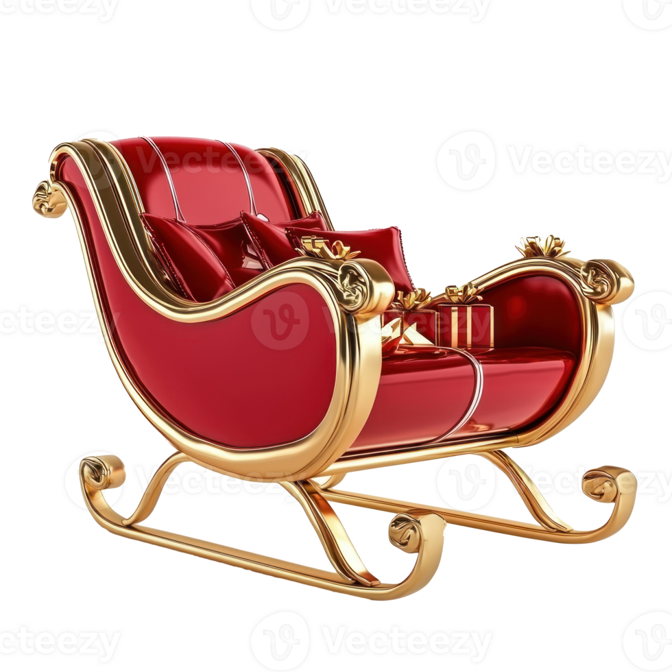 Red and gold Sleigh with presents 3D redner front view isolate on transparent background png