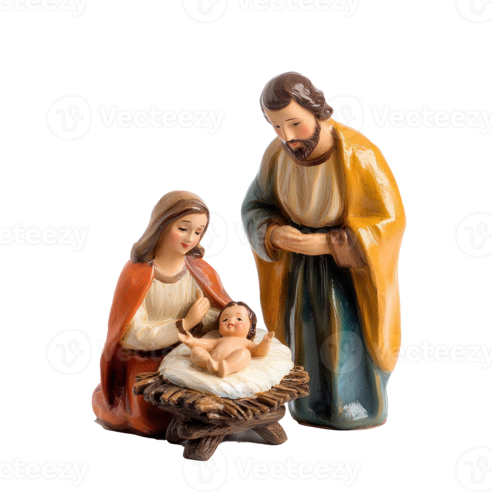 Christmas figurines of Joseph, Mary, and the baby Christ child in a manger isolate on transparent background png
