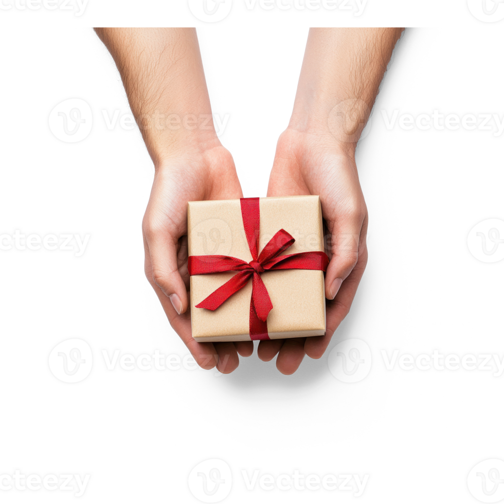 Couple's hands holding packaged Christmas present together top view isolate on transparent background png