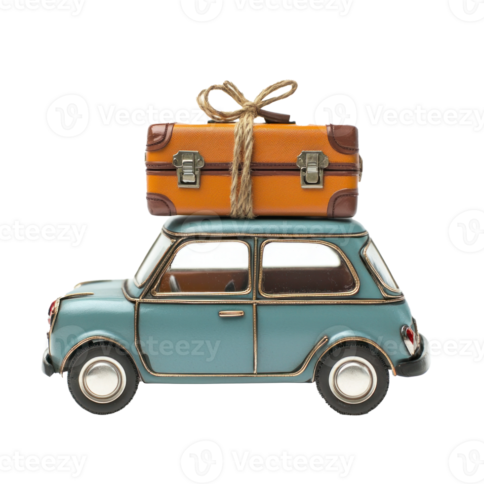 travel suitcase tied up on mini car, miniature style isolate on transparent background png