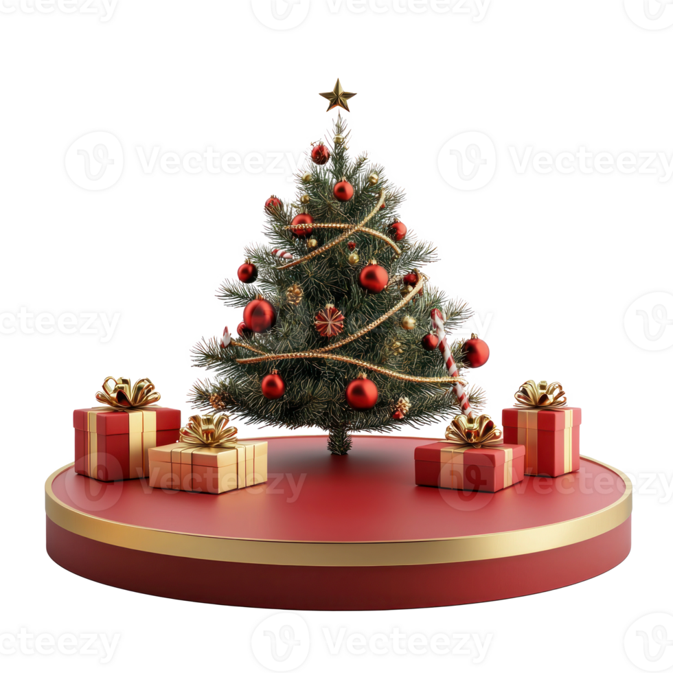 Christmas podium with gold and red decorations and presents isolate on transparent background png