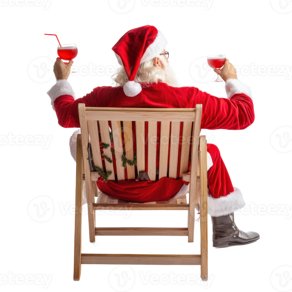 Santa Claus relaxing on deckchair holding cocktail rear view isolate on transparent background png