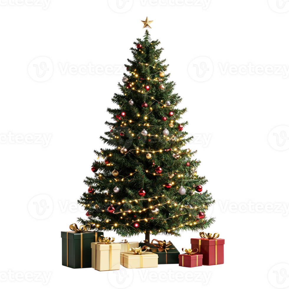 Christmas tree with lights and gifts front view isolate on transparent background png