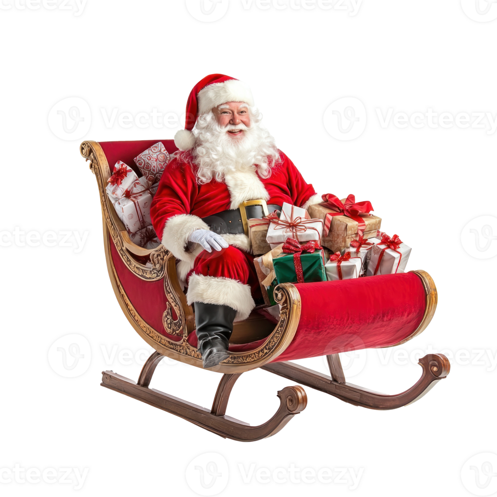 Smiling Santa Claus sitting red Sleigh with present bags full of gifts boxes front view isolate on transparent background png
