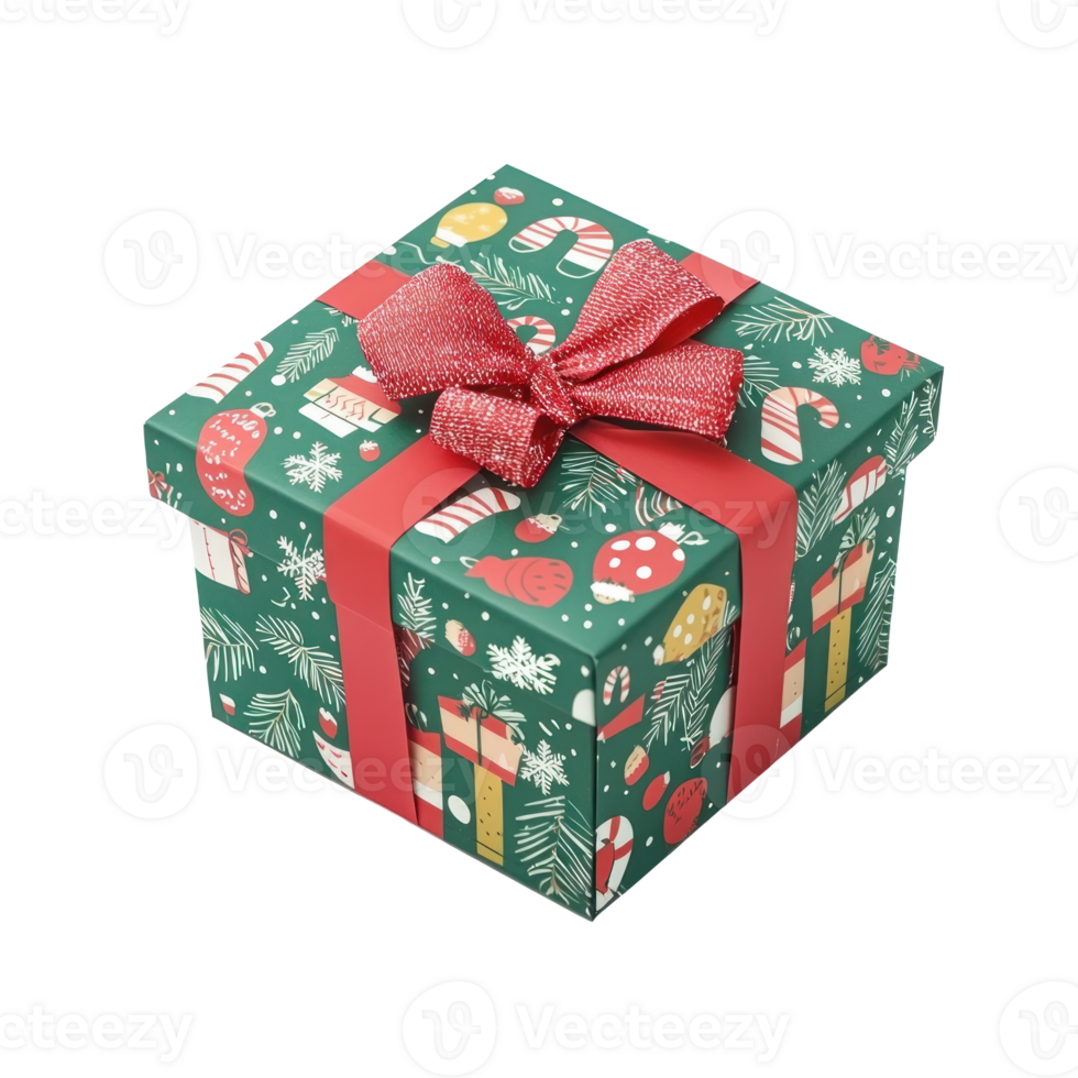 Gift box with Christmas pattern front view isolate on transparent background png