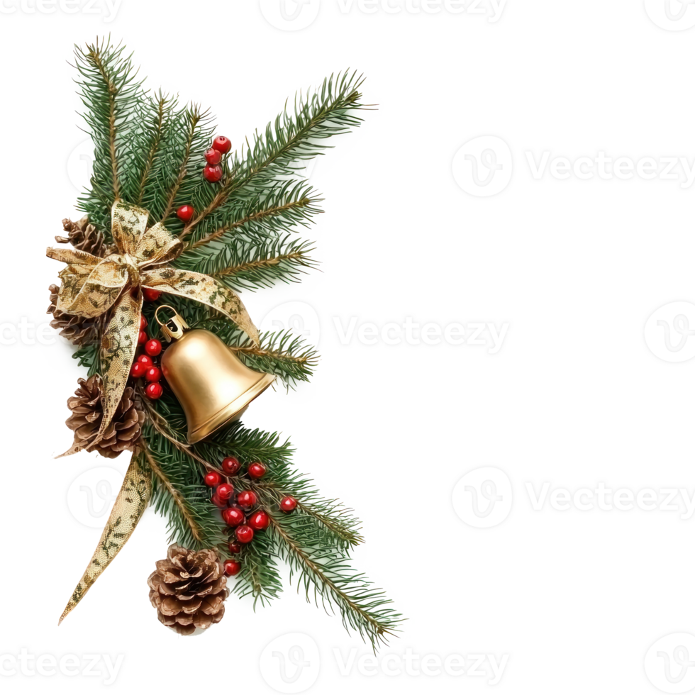 Christmas corner with gold bell and green spruce twigs, red berries, cones and ribbon bow isolate on transparent background png