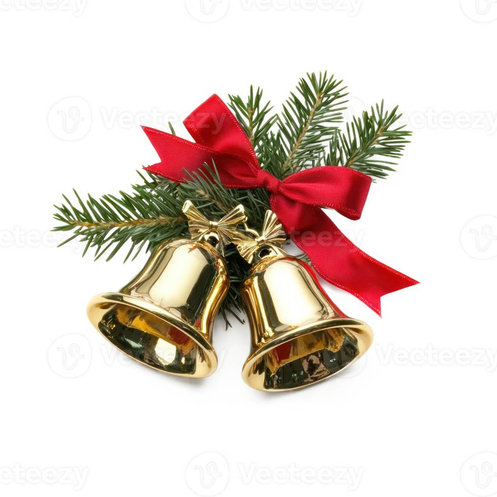 Gold Christmas bells with red ribbon and green fir isolate on transparent background png