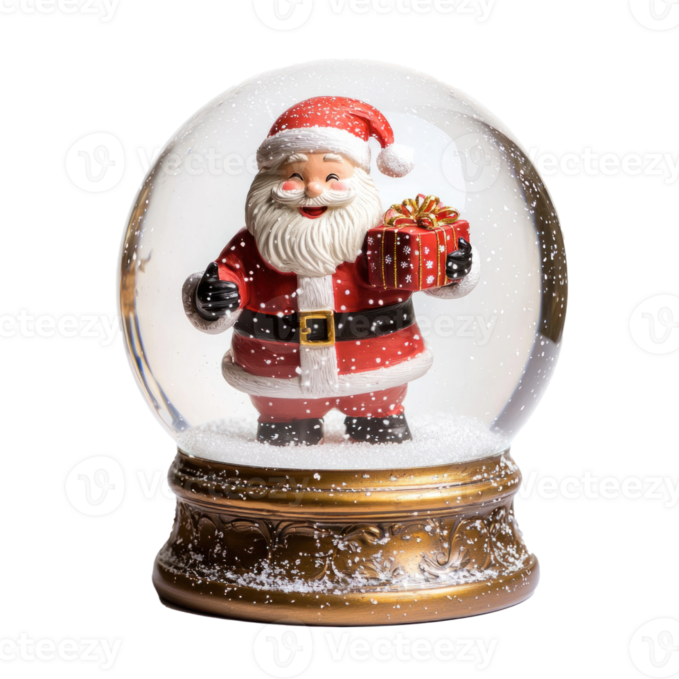 Snow globe with a happy Santa Claus holding a Christmas present front view isolate on transparent background png
