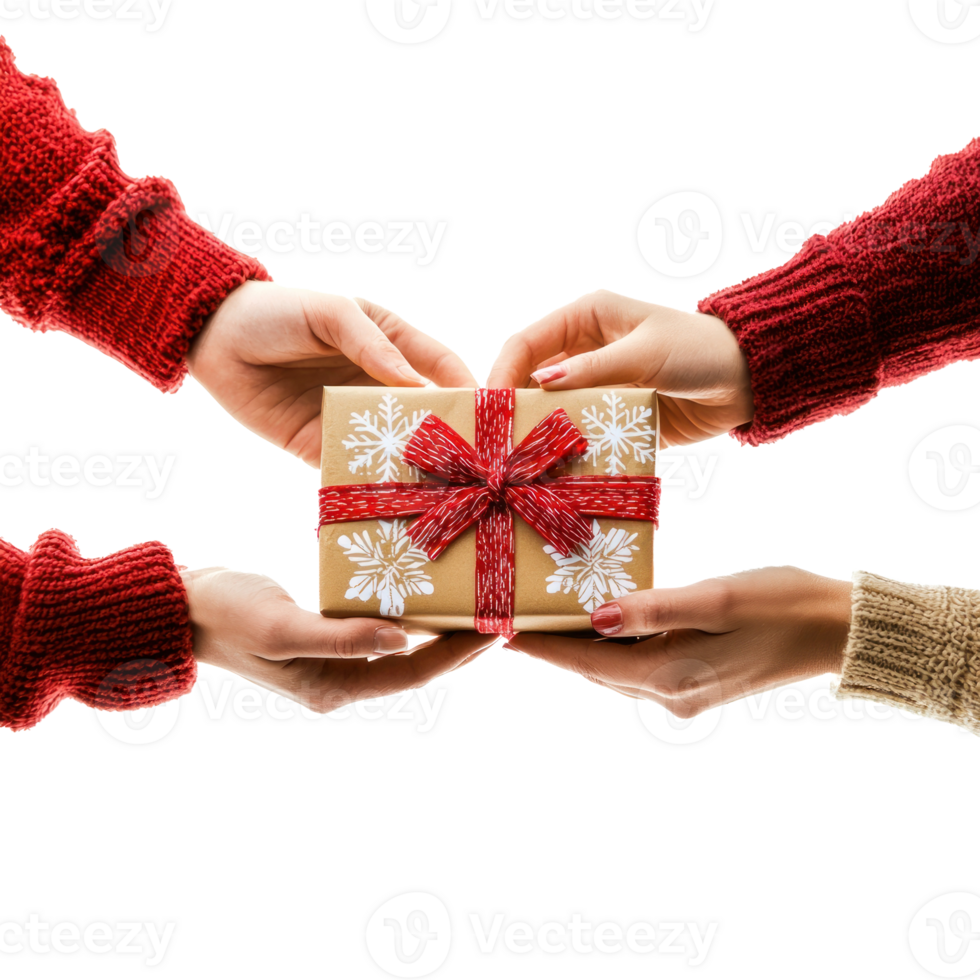 Couple's hands holding packaged Christmas present together side view isolate on transparent background png