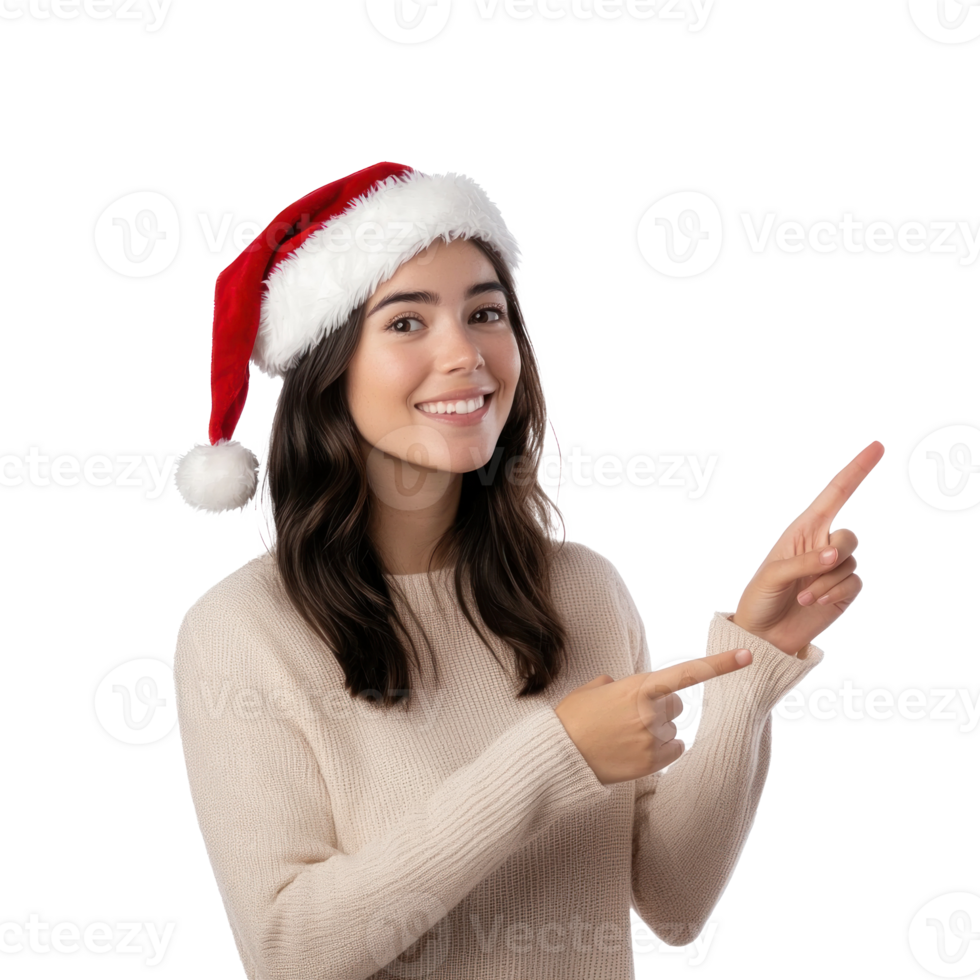 Smiling young woman wear Santa hat and hands pointing to empty space side view isolate on transparent background png