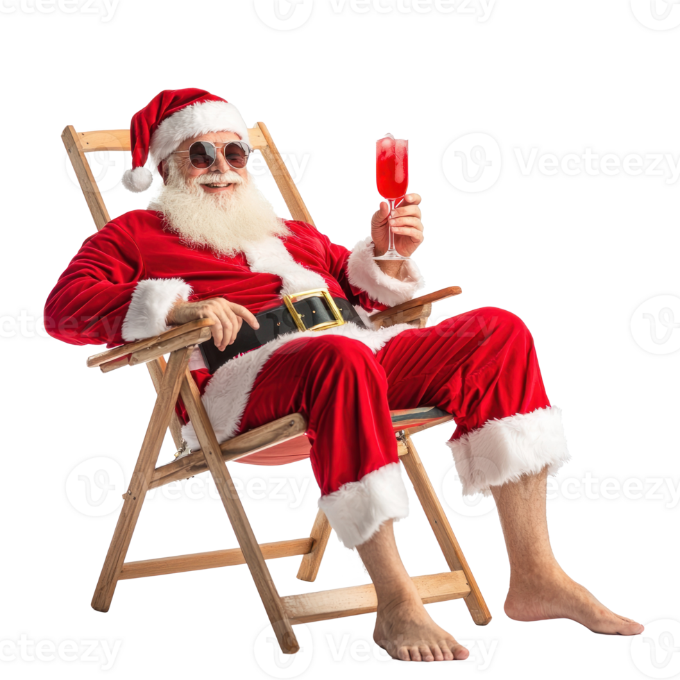 Santa Claus relaxing on beach chair holding coktail front view isolate on transparent background png
