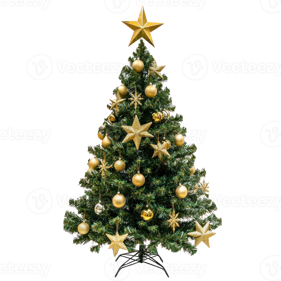 Beautifully decorated Chistmas Tree with a golden star topper front view isolate on transparent background png